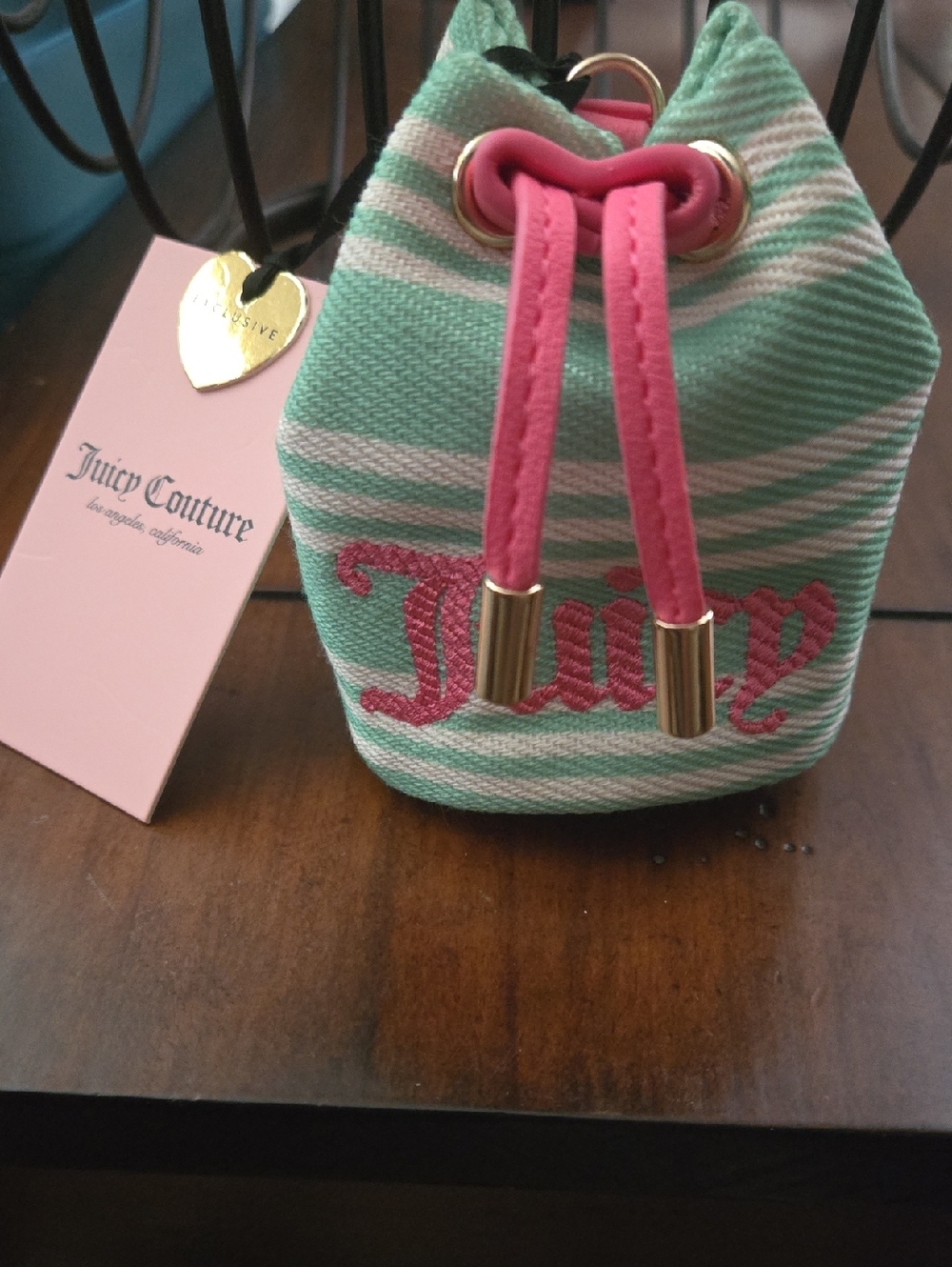 Juicy Couture Mint & Pink Striped Drawstring Mini Bag